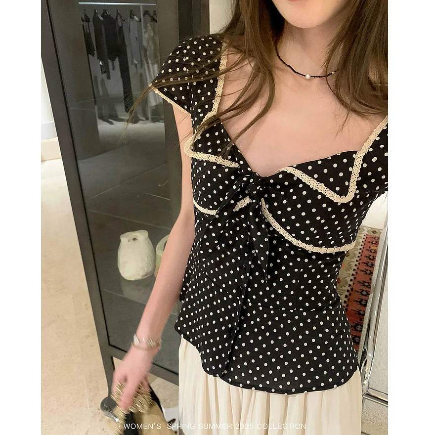 YESWOMEN海风结套组·复古方领收腰波点背心上衣XYF6253A4189