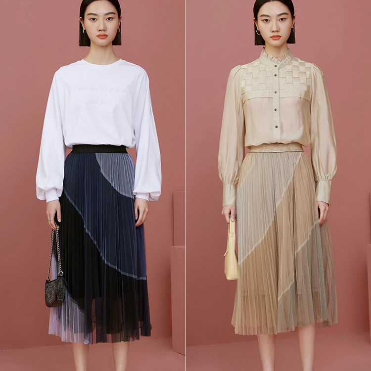 【商场同款】曼德诗百褶纱裙渐变半身裙秋季拼色灵动长裙M207300643