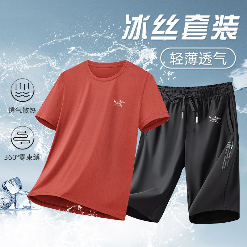 奥莱撤柜夏季男士休闲冰丝短袖短裤套装多色冰感亲肤polo衫和裤子