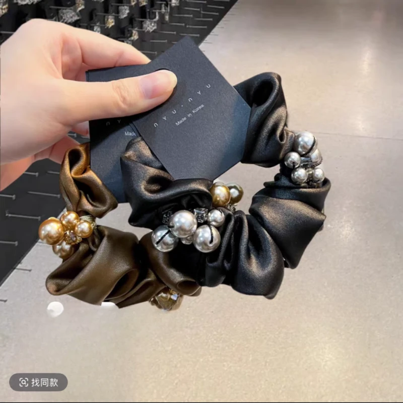 珠珠缎面大肠发圈黑咖色头绳优雅百搭气质发饰女丸子头扎马尾发绳