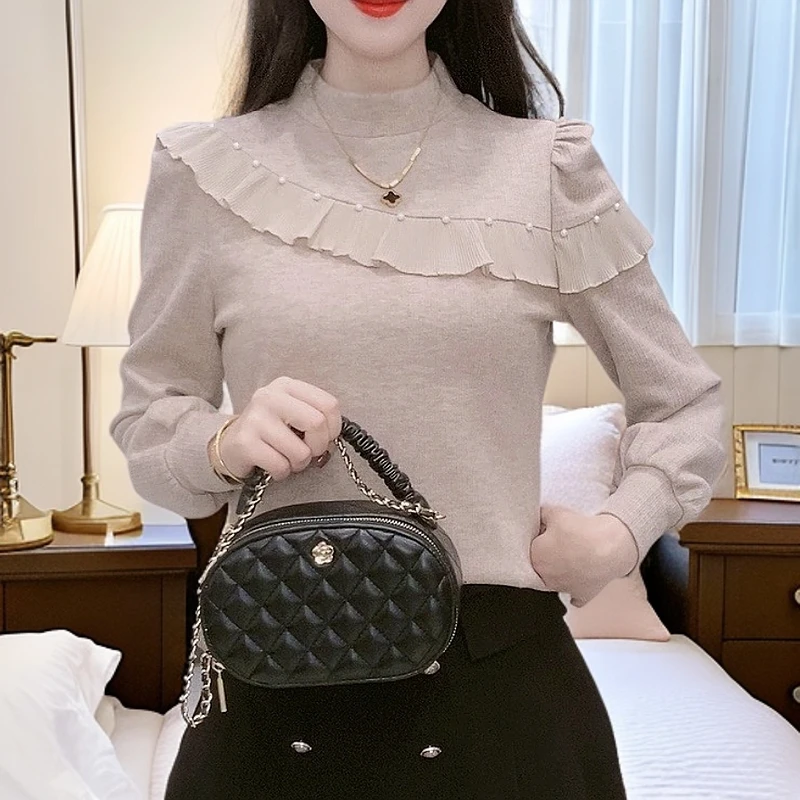 秋冬新款加绒洋气漂亮小衫蕾丝内搭气质温婉上衣百搭时尚修身长袖