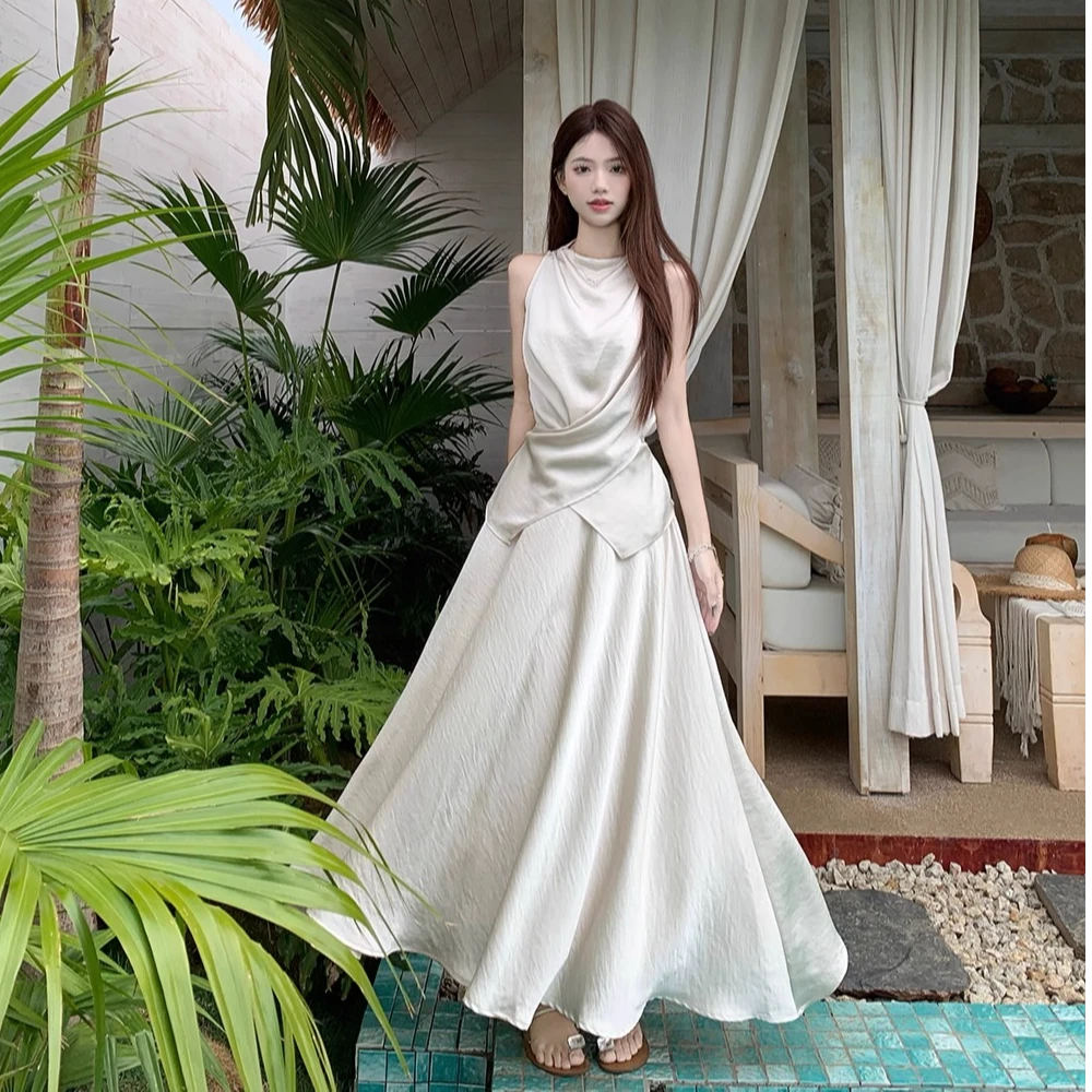 【一整套59】【落落白月】小众设计感缎面套装高端显瘦系带时尚两件套