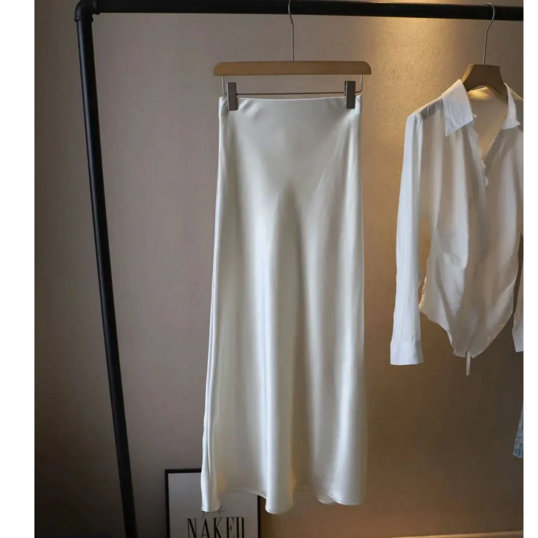 【芝士】气质高腰醋酸半身裙女春夏款中长包臀裙A字松紧腰半身裙