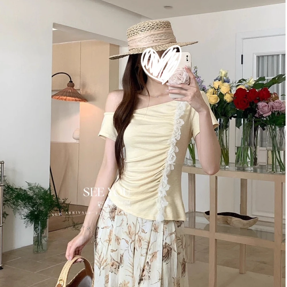 法式斜领露肩短袖t恤女2025夏季新款甜美气质收腰蝴蝶结上衣