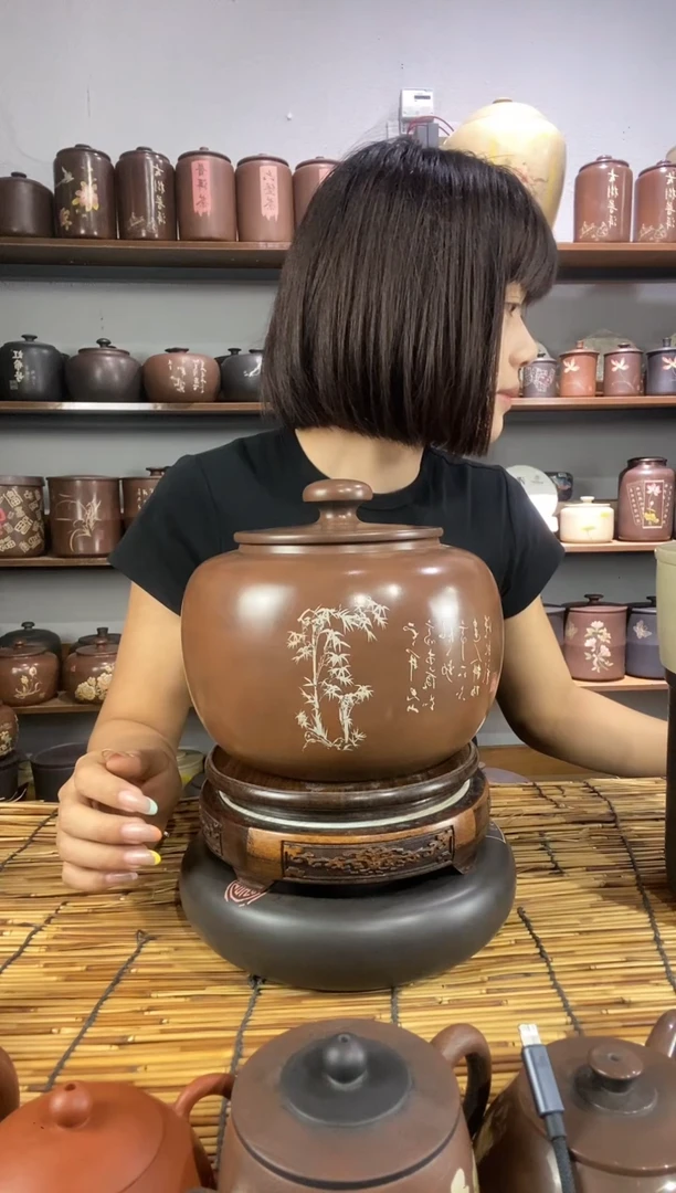 16建水紫陶精磨彩填醒茶罐