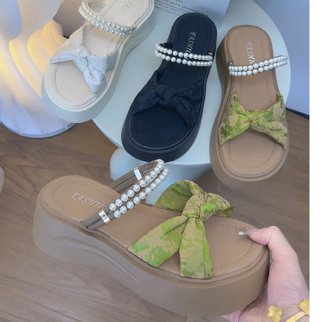 蝴蝶结拖鞋女夏外穿软底爆款海边配裙子2025新款时尚两穿厚底凉鞋