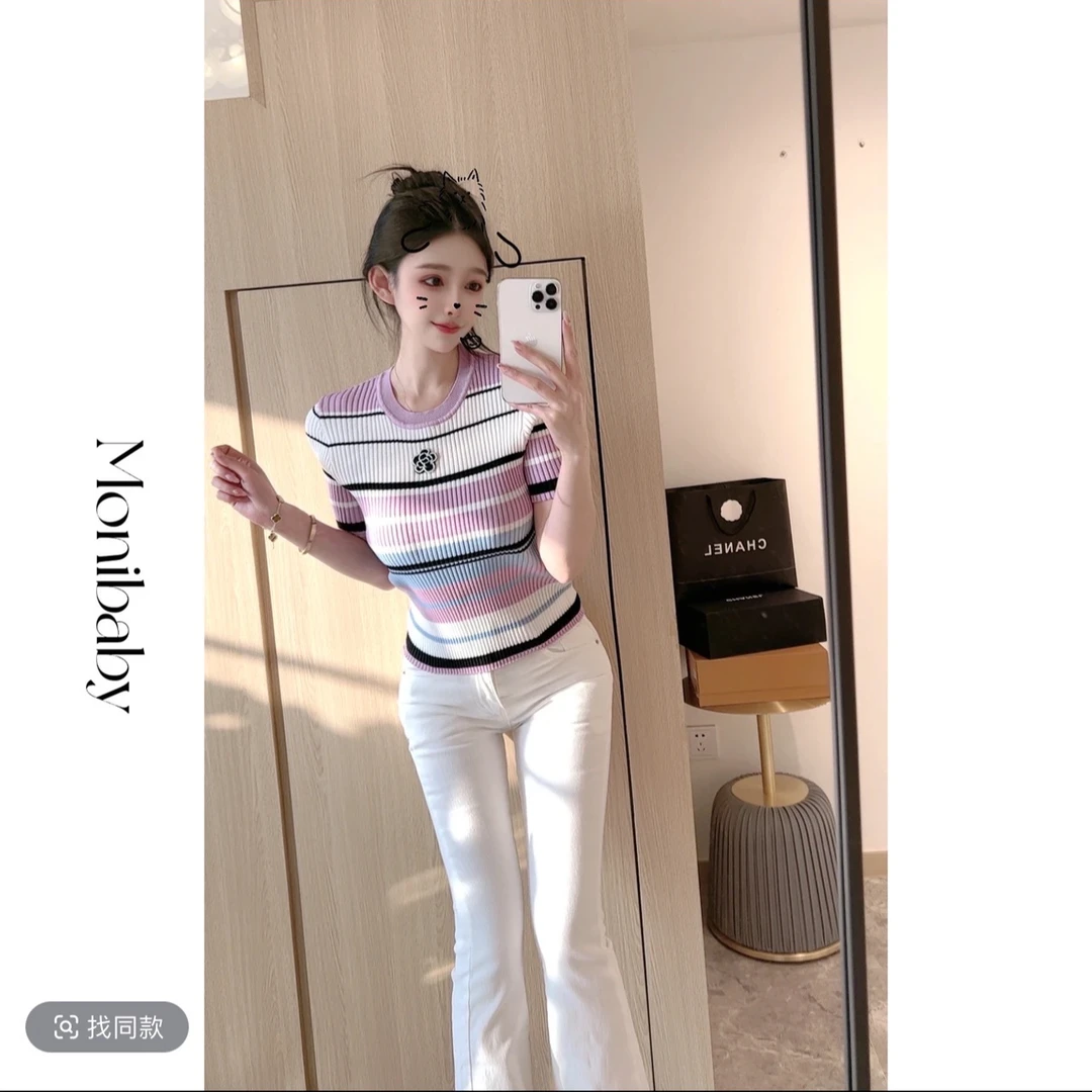 【山茶花针织】2025小香风撞色圆领修身气质针织短袖上衣