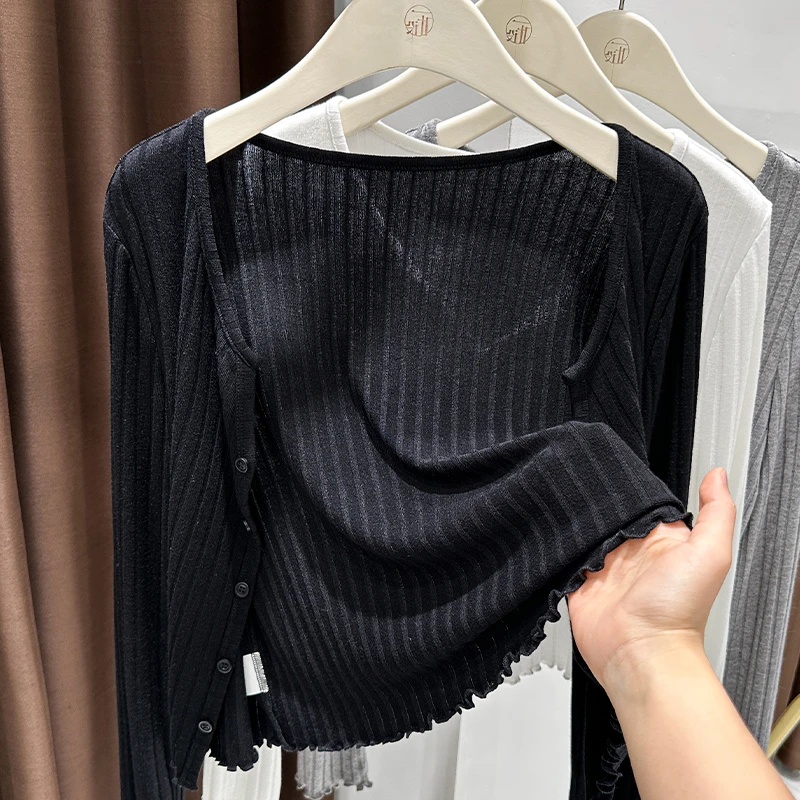 2025夏季新款黑色修身外搭开衫披肩女短款长袖配吊带裙坑条针织衫