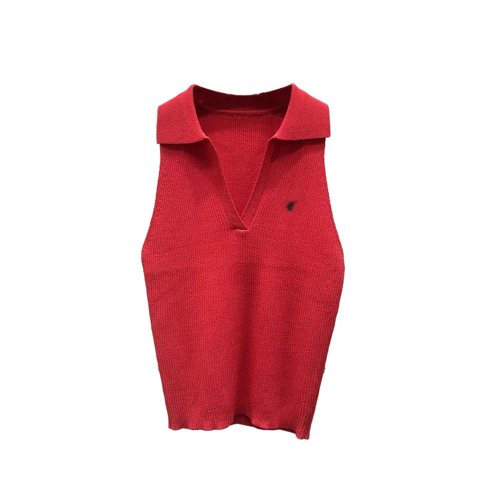 2025夏季新款韩系慵懒风翻领针织背心休闲女短款印花内搭打底上衣