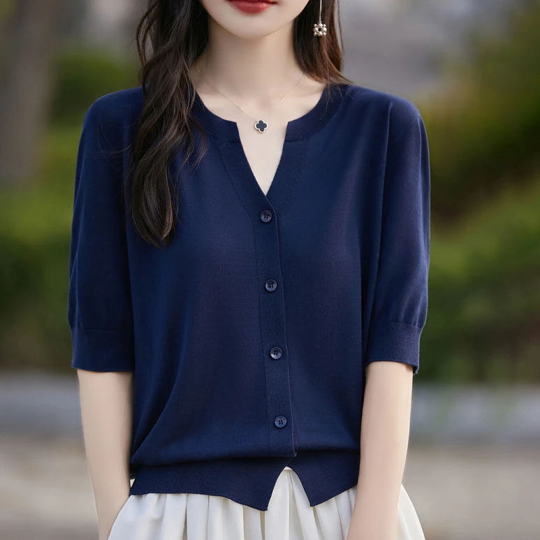 哥弟阿玛施正品新款夏季半开V领薄款短袖洋气百搭开衫女纯色上衣