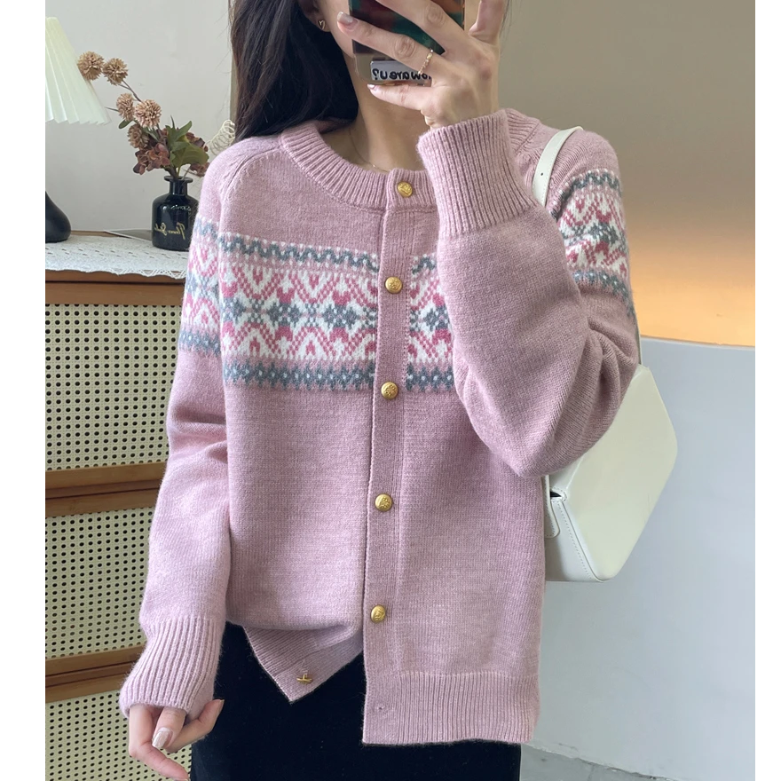 韩系洋气撞色提花圆领撞色洋气设计款针织开衫宽松显瘦毛衣外套