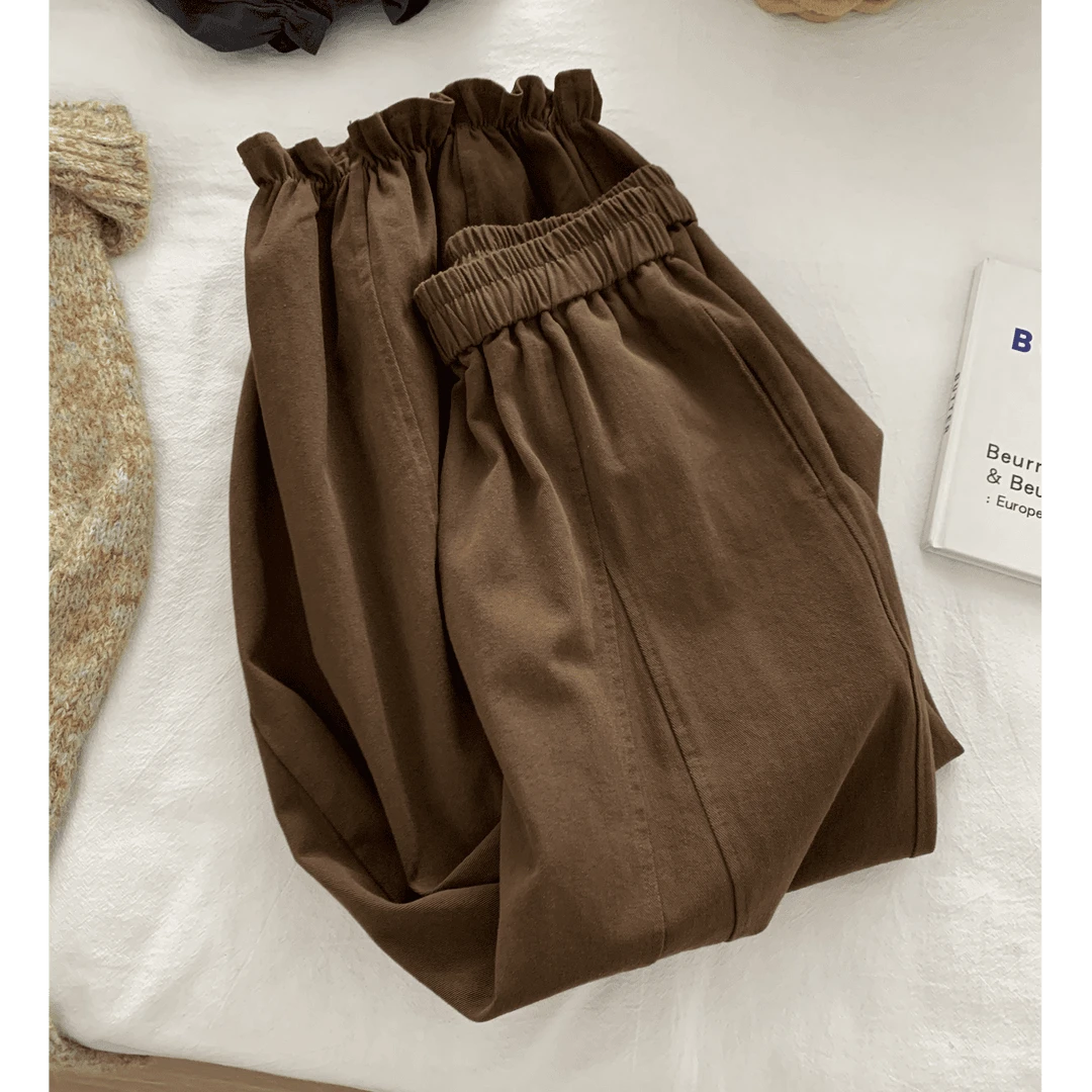 大码日系复古木耳花边直筒阔腿休闲裤女秋季款梨形身材宽松九分裤