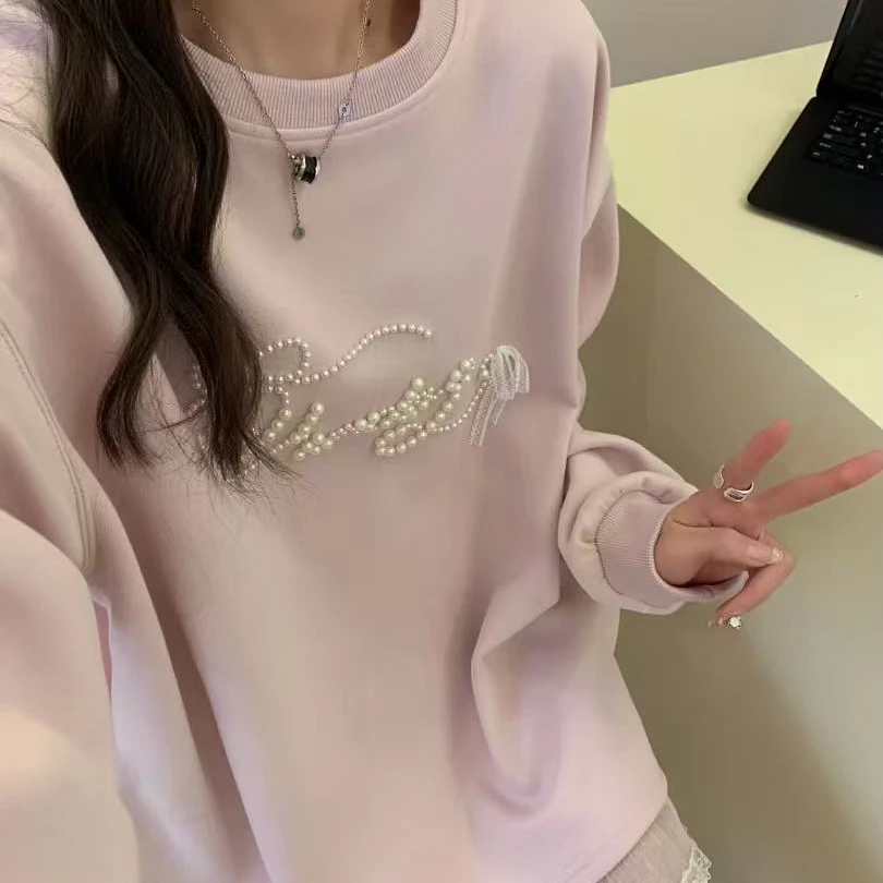 【李姑娘专属】时尚大码女装 钉珠字母蕾丝拼接花边甜美宽松卫衣