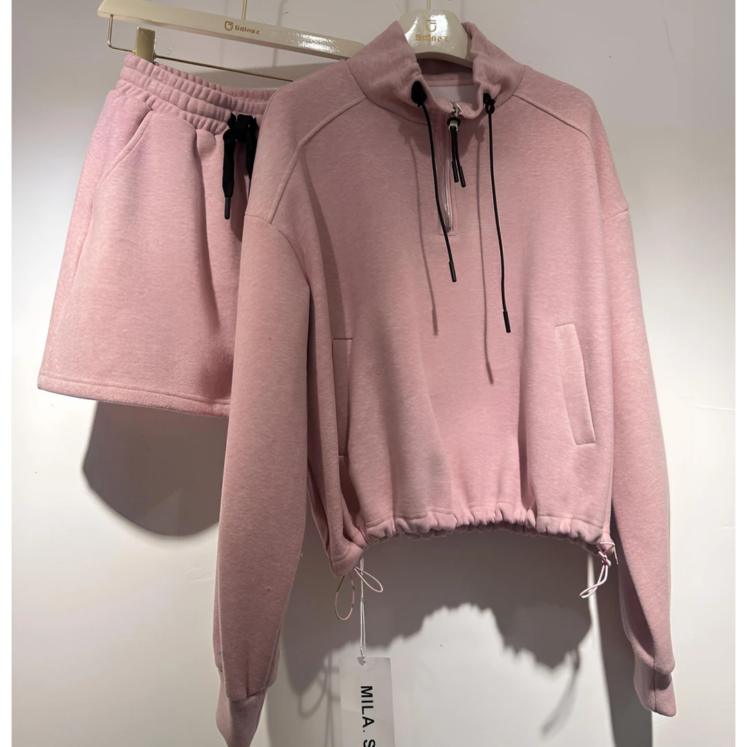 GDINAZ 新款纯色宽松时尚立领半拉链卫衣+高腰A字防走光半身短裙