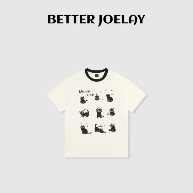 BETTER JOELAY -大版【黑猫假日】时尚百搭T恤短袖可爱休闲风KH1379