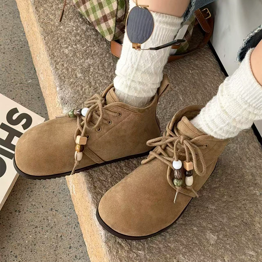 诗歌兰女鞋2025年冬新款百搭休闲复古棉短靴真皮厚底加绒马丁靴女