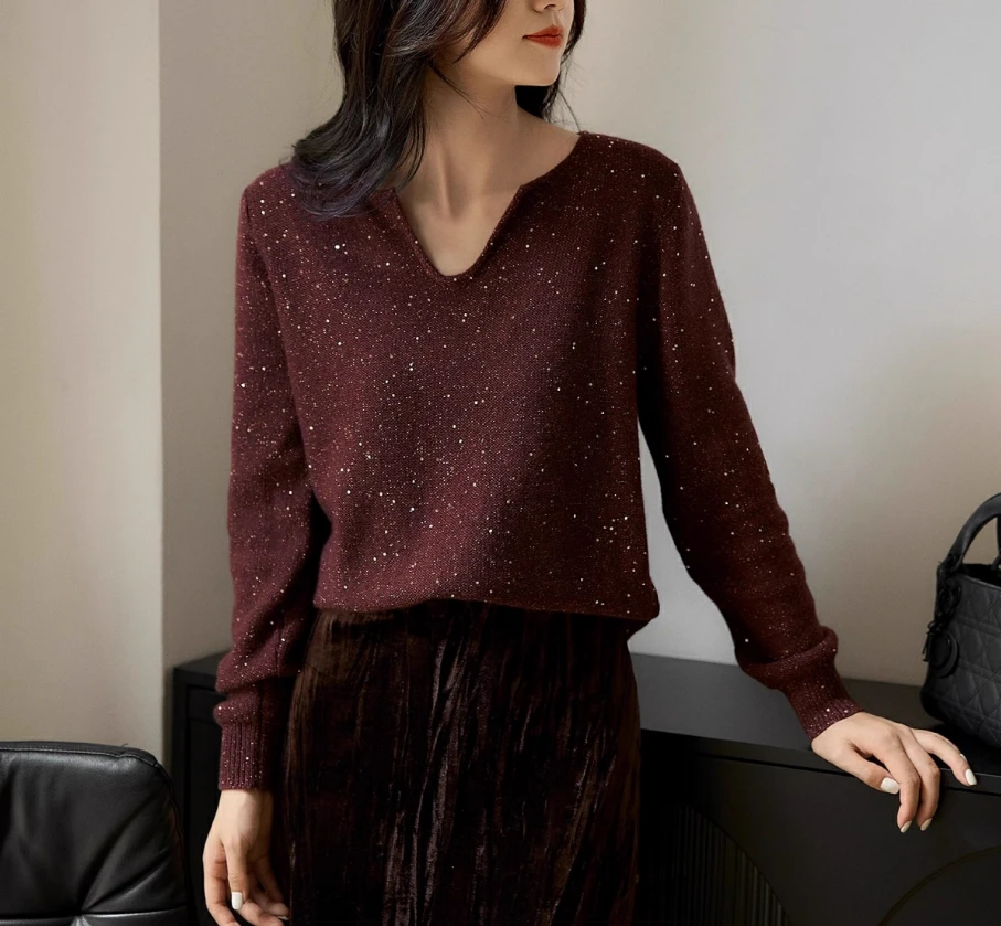 哥弟阿玛施正品2025秋季新款v领通勤毛衣休闲长袖针织衫女款上衣