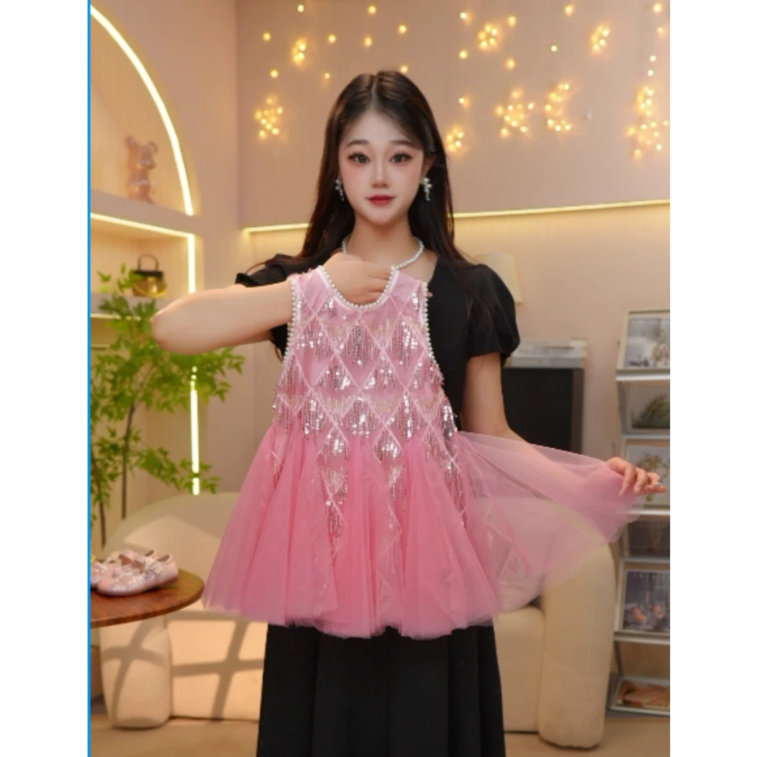 [MH 美画3]女童202501夏季新款亮片碎花无袖夏季薄款公主裙连衣裙