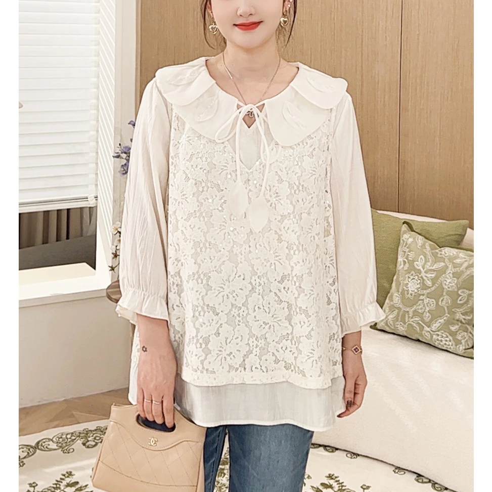 【温柔风假两件珠片小衫】MsShe大码女装夏花瓣领七分袖E2503064