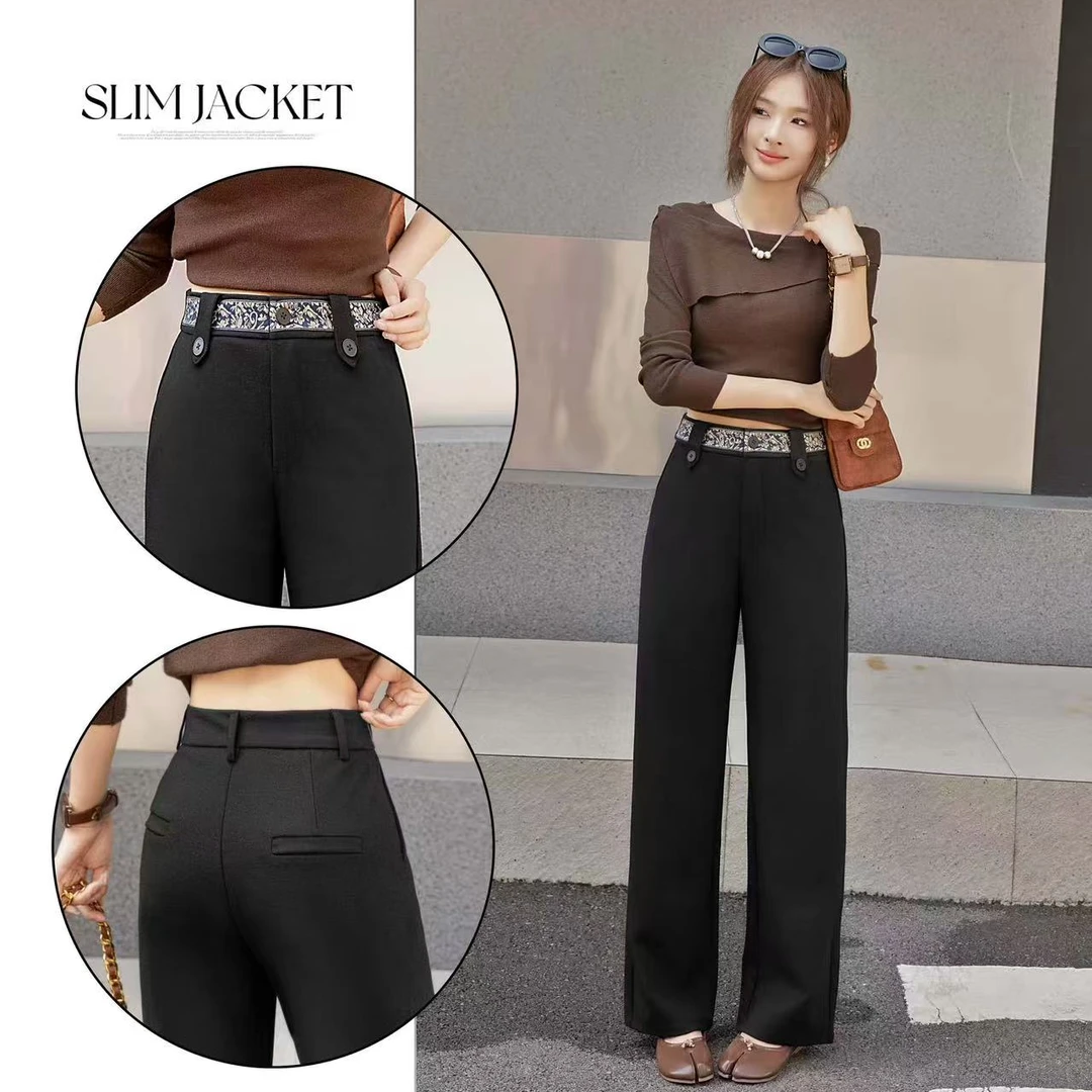 8638新款蕾丝鱼骨腰头窄版阔腿裤高腰显瘦女休闲长裤