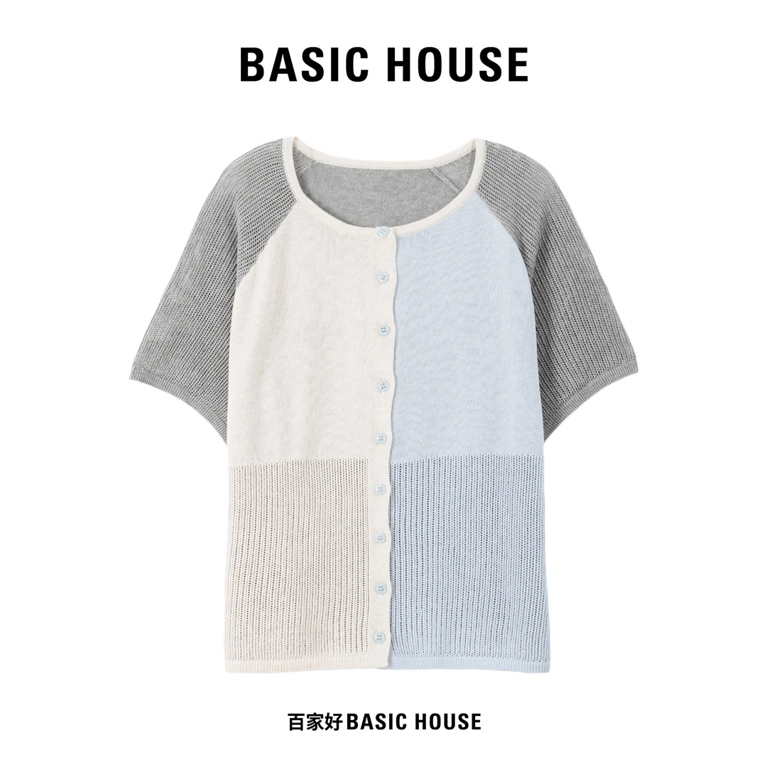 Basic House/百家好2025年新款圆领撞色时尚短袖针织衫9512 MM