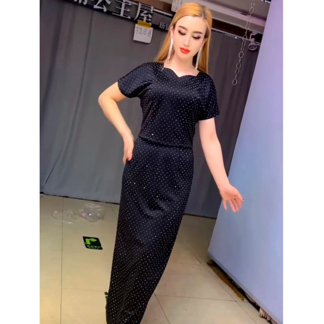 Q002时尚套装夏季洋气上衣短袖轻奢气质礼服优雅女装套装黑色