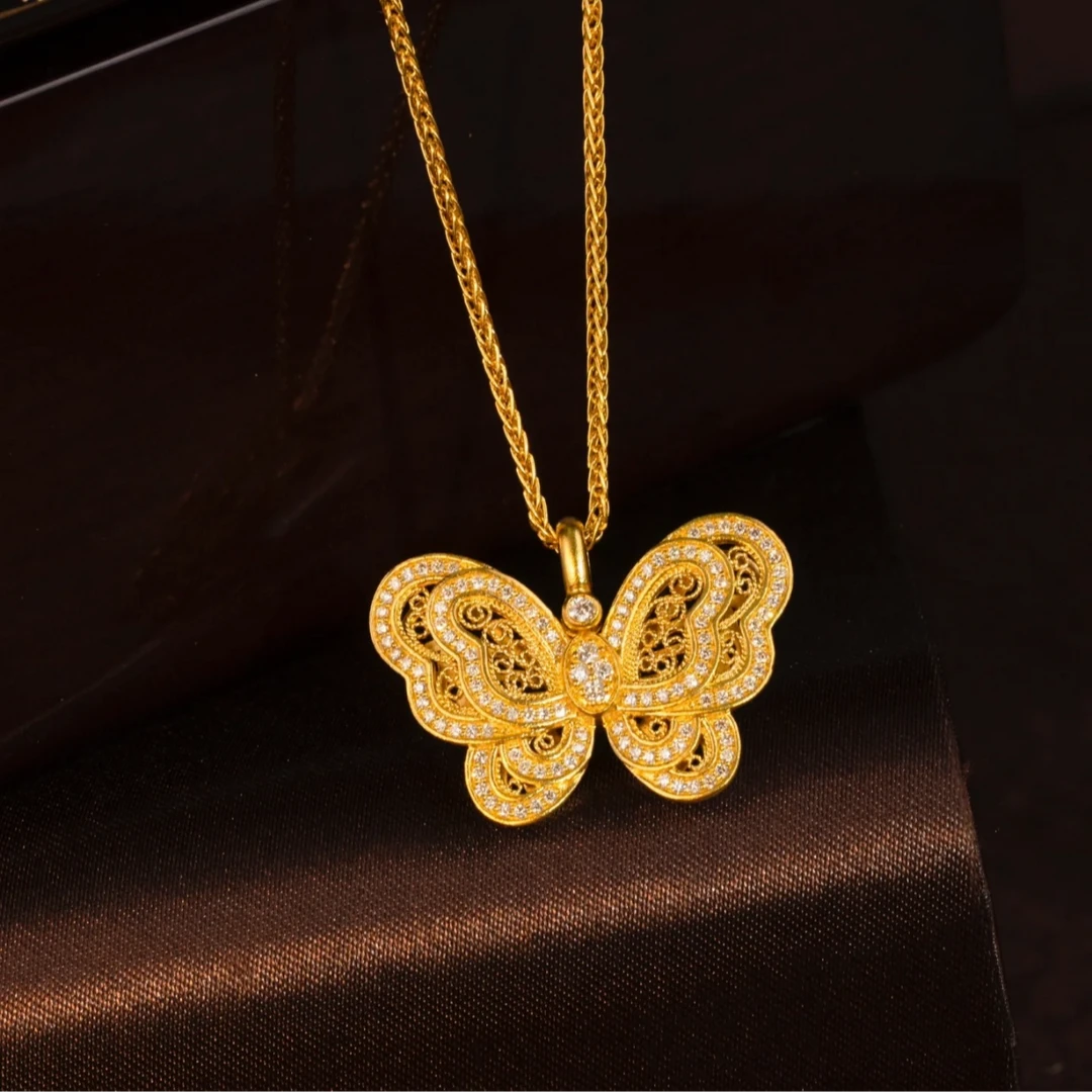 坠链均足银 【满钻蝴蝶】时尚轻奢优雅气质项链精致百搭金色吊坠