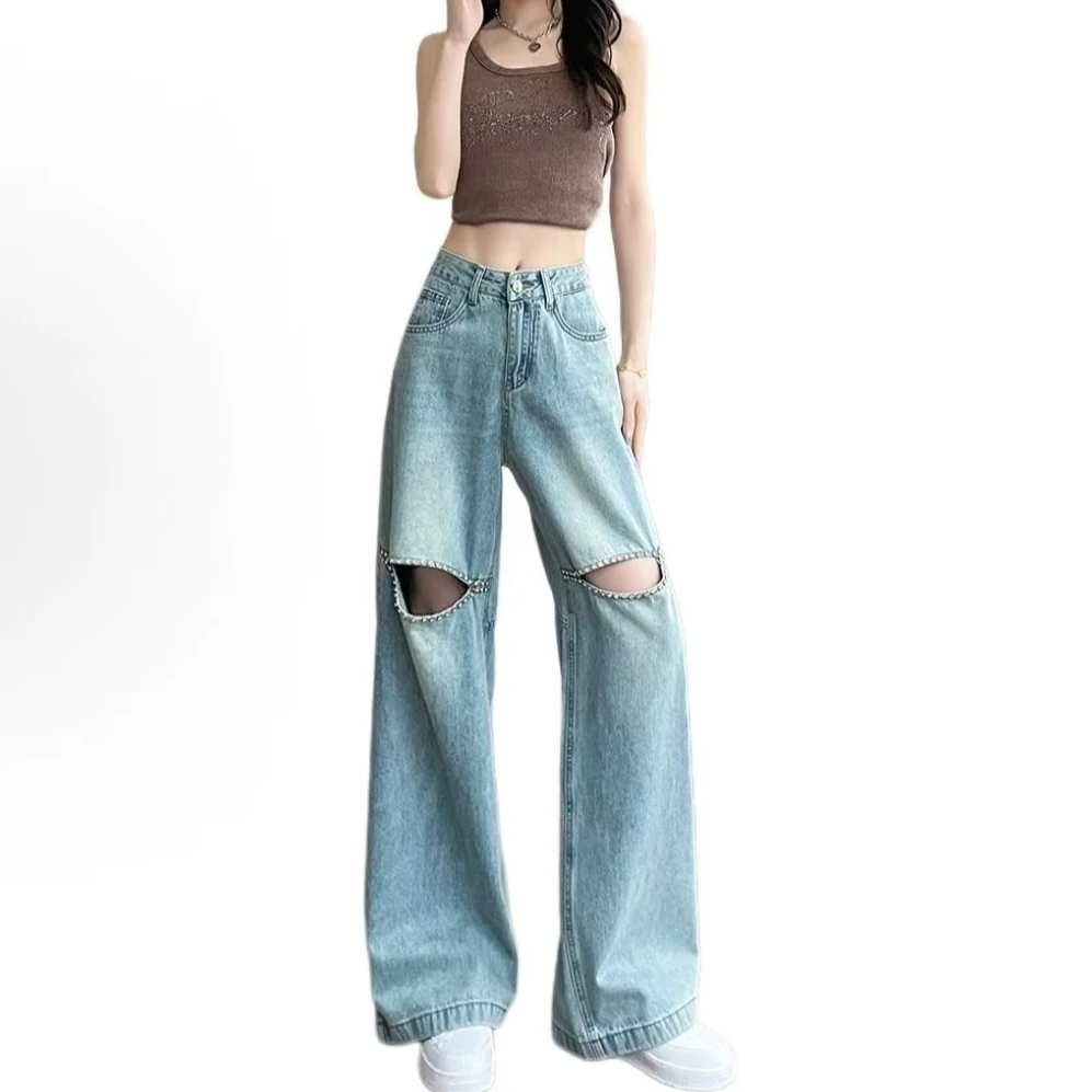 设计感破洞蓝色阔腿牛仔裤显瘦直筒裤2025年夏季新款宽松拖地裤女
