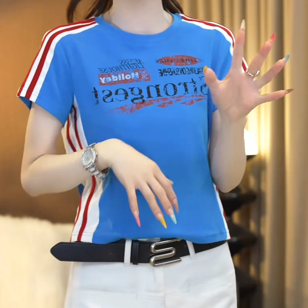 B 2025夏季美式撞色字母印花落肩袖短袖T恤设计师款上衣