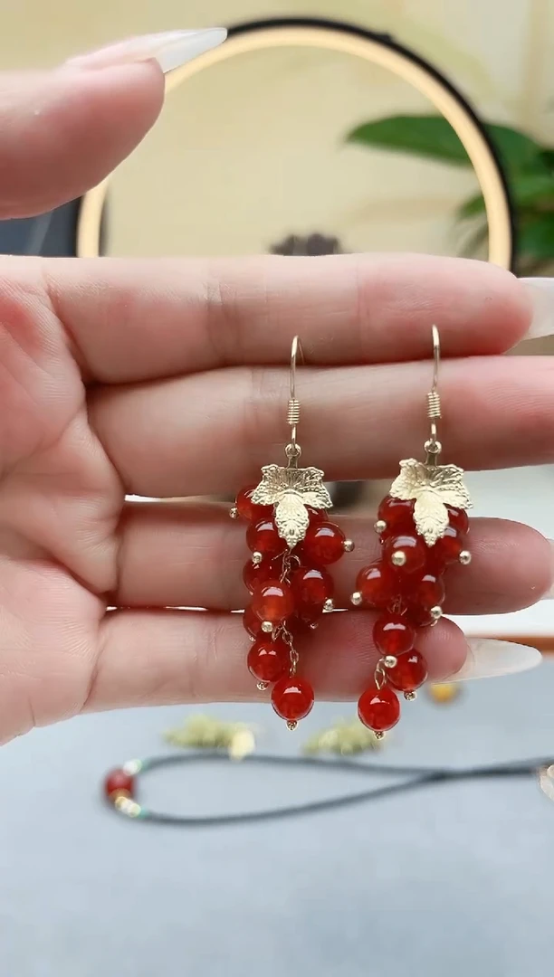 玛瑙/玉髓耳饰银S925镶嵌00葡萄红色