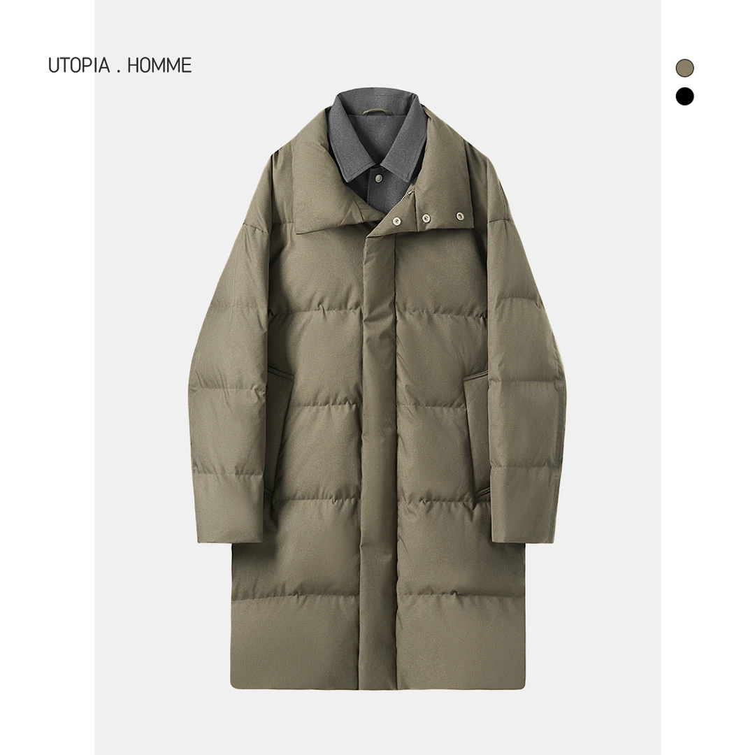 高级感假两件衬衫领中长款羽绒服男冬季简约防风保暖加厚外套 098