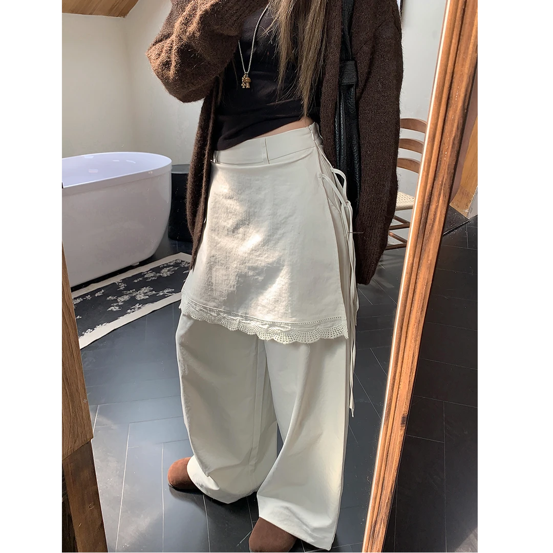 春装2025新款假两件蕾丝拼接直筒裤女高腰宽松阔腿裤拖地休闲裤