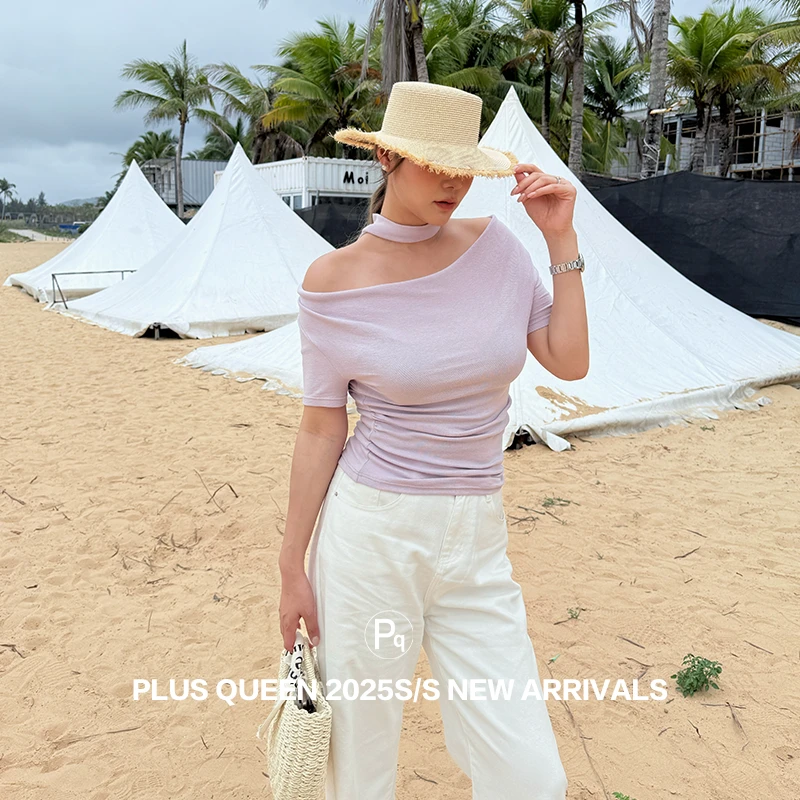 PLUS QUEEN｜宏蓝挂脖荡领收腰显瘦上衣女