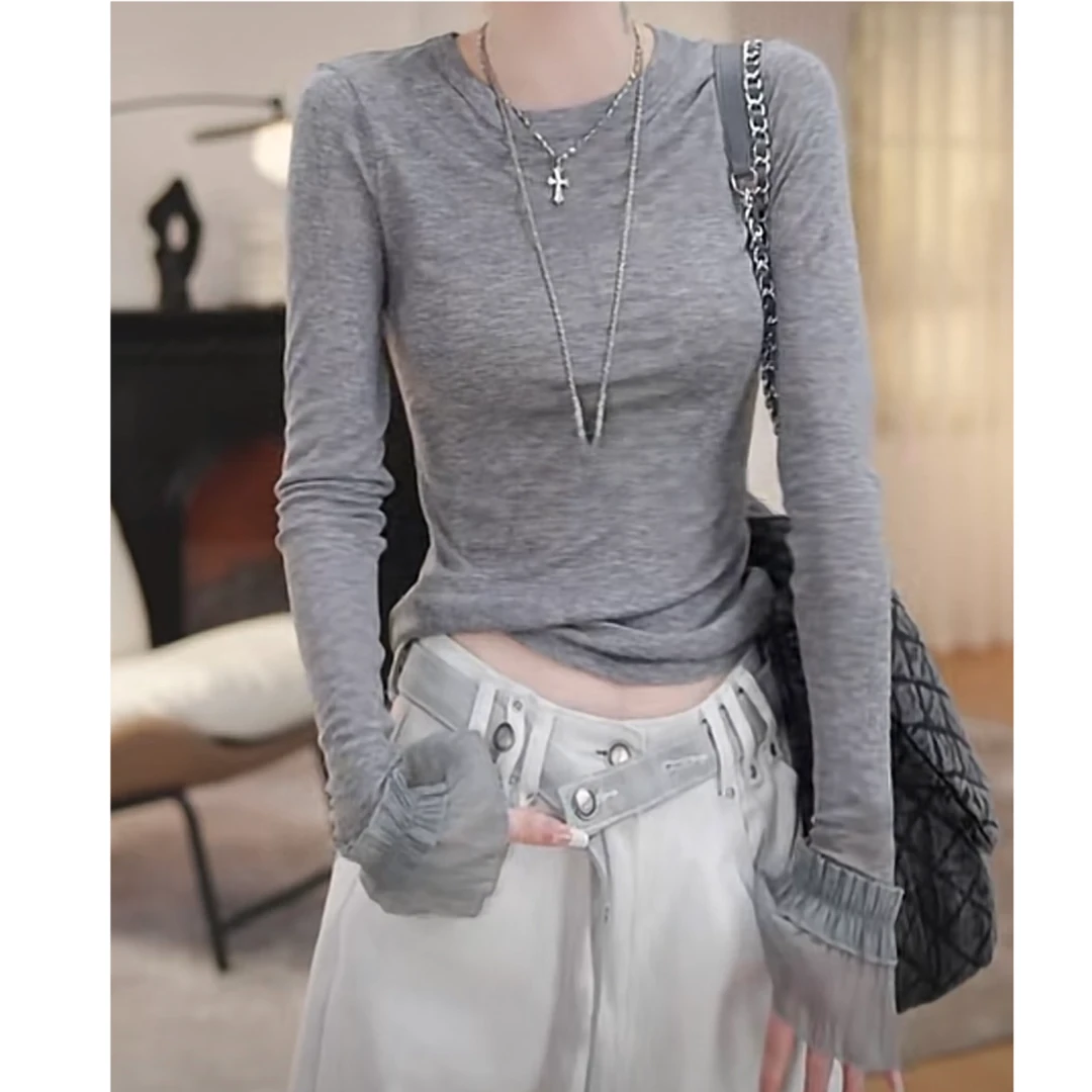 设计感长袖蕾丝拼接内搭显瘦修身打底衫2025夏季新款洋气时尚上衣