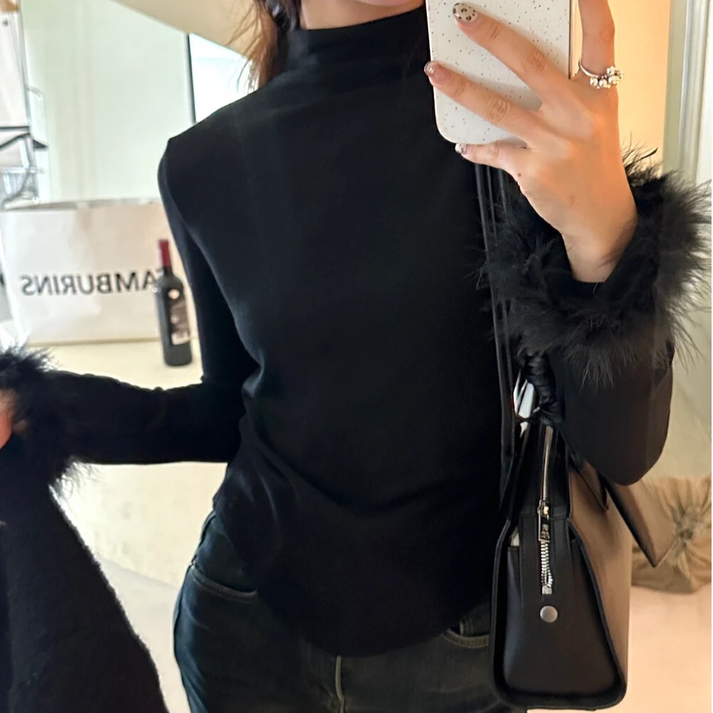 【susu】长袖显瘦时尚高弹力半高领磨毛女士秋冬款打底T恤