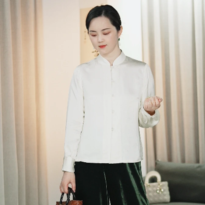 一树菩提【竹与鸟】国风小衫中式长袖气质休闲百搭复古立领提花衬衫