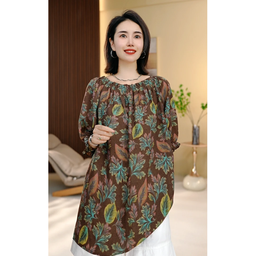 BEIJU 2025新款时尚气质百搭显瘦轻奢洋气设计感圆领印花衬衫2227