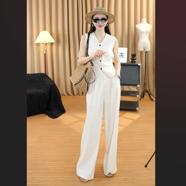 亚麻老钱风套装女v领无袖马甲背心时尚显瘦夏季阔腿裤两件套休闲