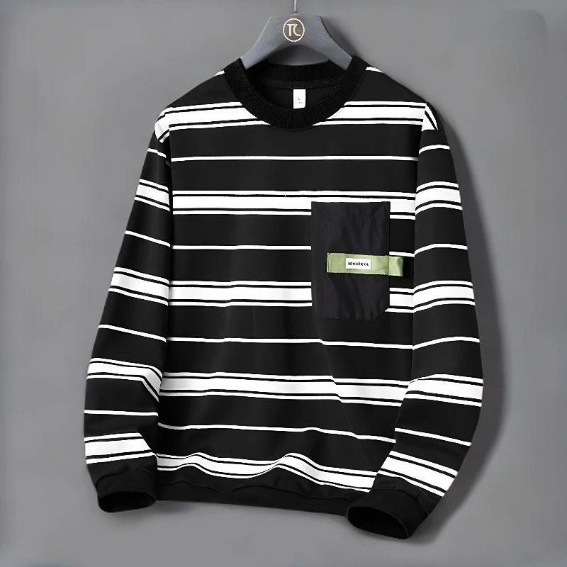 秋季条纹长袖卫衣男款2025新款套头黑色宽松男士上衣ins潮牌T恤男