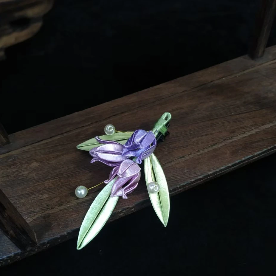 紫色+粉色铃兰花边非遗掐丝绒花蚕丝点翠发簪发饰边夹日常百搭