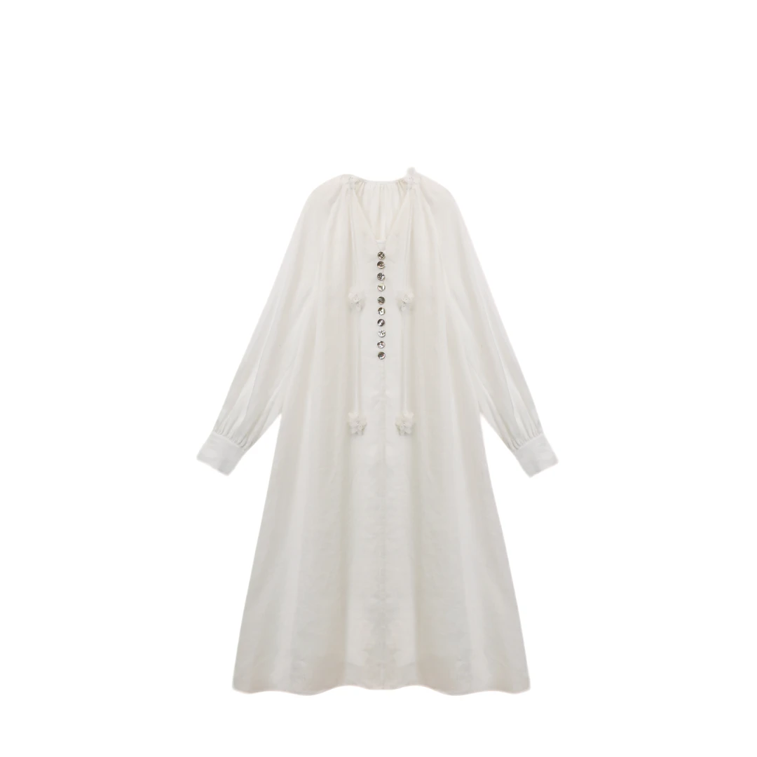 25春季新款法式仙女长裙长袖贝壳扣小众连衣裙两件套