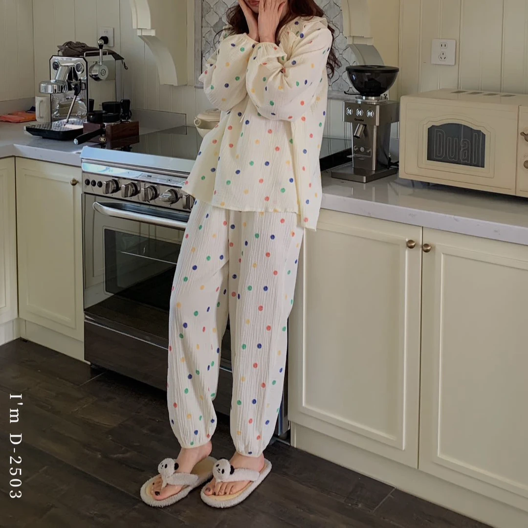 FUJIA STYLE韩版新款时尚荷叶丝带棉纱家居服D2503