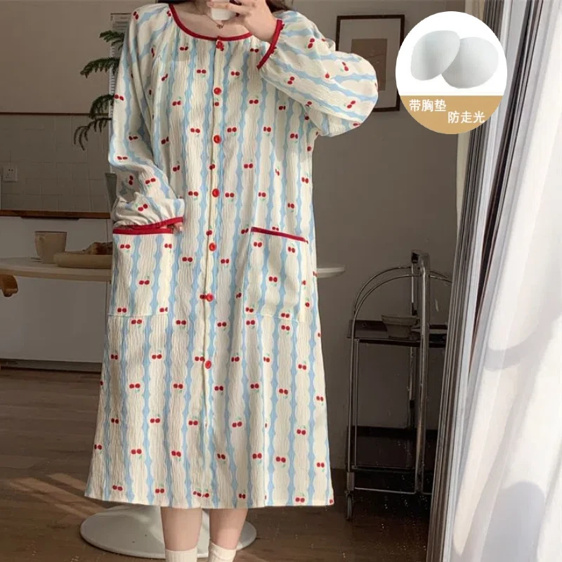 长袖睡裙女带胸垫有口袋春季新款2025网红爆款家居服甜美韩版春夏