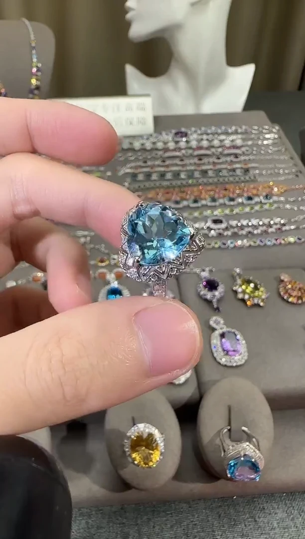 银S925镶嵌戒指托帕石13mm戒指海洋之心设计款