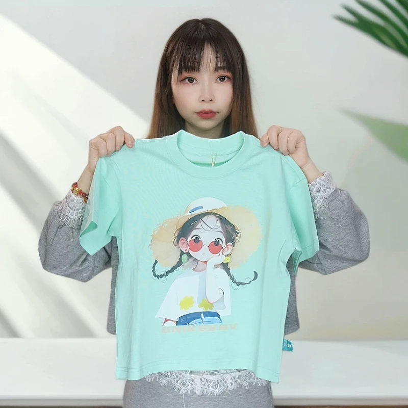 2025夏季百搭套装童装短袖时尚女孩卡通印花印花宽松T恤夏装女
