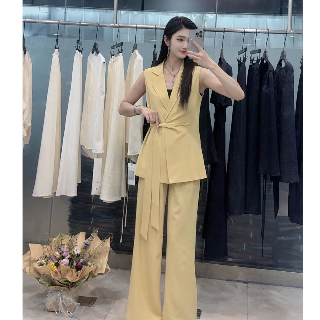 【设计师款】阔腿裤无袖西装马甲套装女2025夏季薄款系带上衣两件套