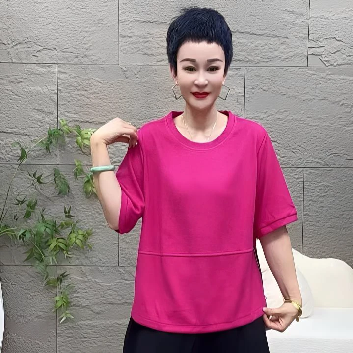 时尚洋气休闲显瘦体恤气质百搭女士宽松纯色圆领上衣