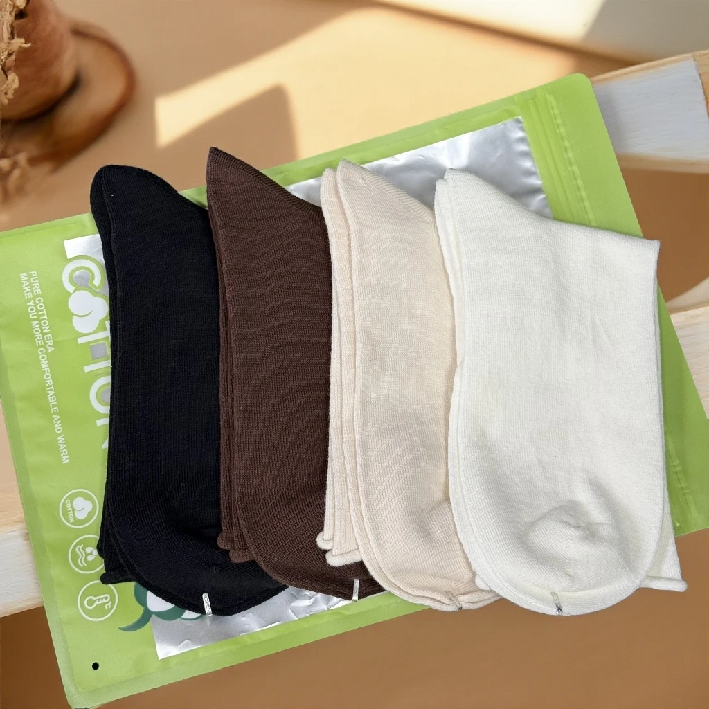 XL-570极简风纯色卷边中筒袜秋冬季常规款防臭女