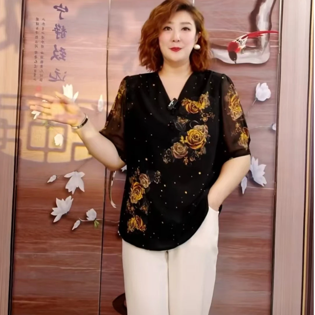 5460大码女装上衣中年妈妈夏装新款高端印花洋气v领加肥加大衬衫