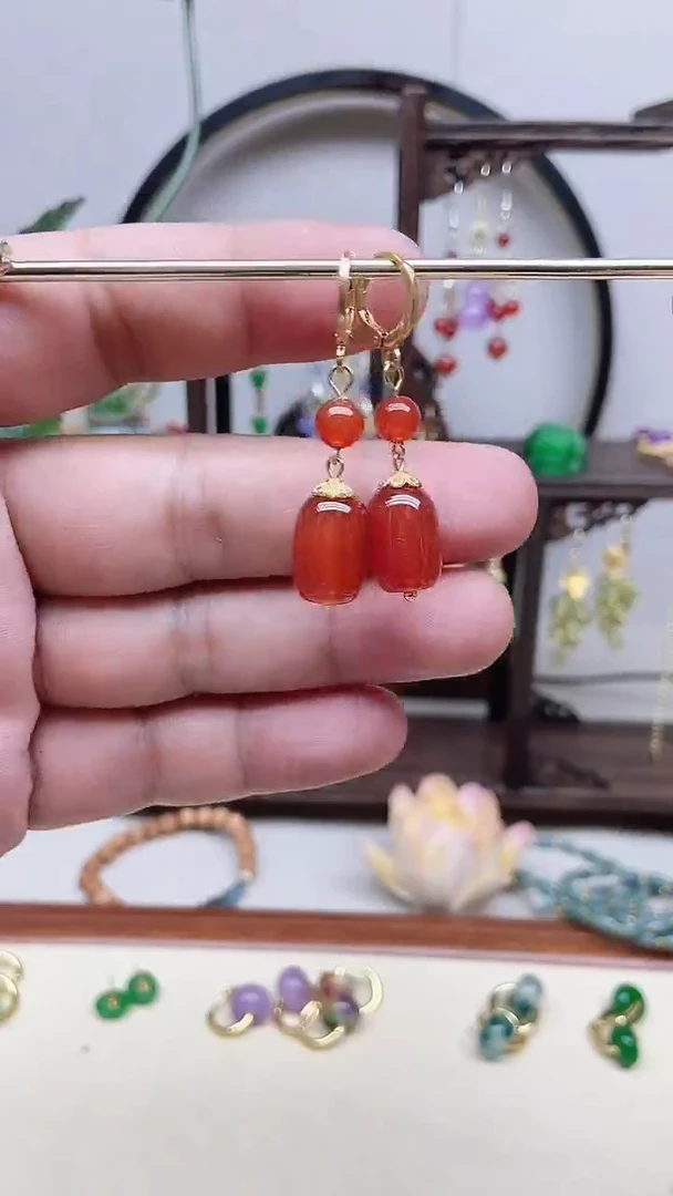 南红玛瑙14K金镶嵌耳饰81号